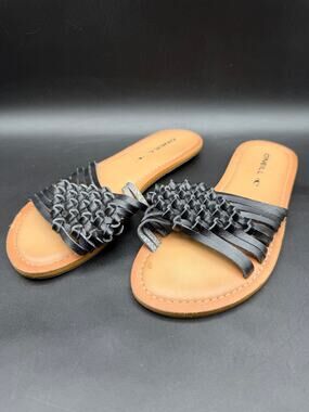 O’Neill Womens Size 5 Black Woven Fringe Slide Sandals Boho Flat Leather Shoes